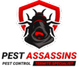"Pest Assassins logo featuring a stylized termite head inside a red and white shield, with bold black and red text highlighting pest control and termite specialization