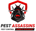 "Pest Assassins logo featuring a stylized termite head inside a red and white shield, with bold black and red text highlighting pest control and termite specialization