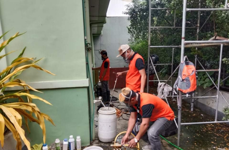 "Pest Assassins team members in orange and black uniforms with caps and face masks perform pest control work outside a green building. One technician handles chemicals near a white barrel, another operates equipment by the wall, and a third works in the background. A metal scaffold with a hanging backpack and a hose on the ground suggest active extermination or sanitation procedures. The outdoor setting includes plants and trees.